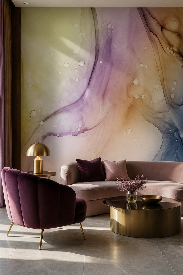 Lucid Rainbow Ink Utopia wall mural installed in living room behind pink sofa and purple chair