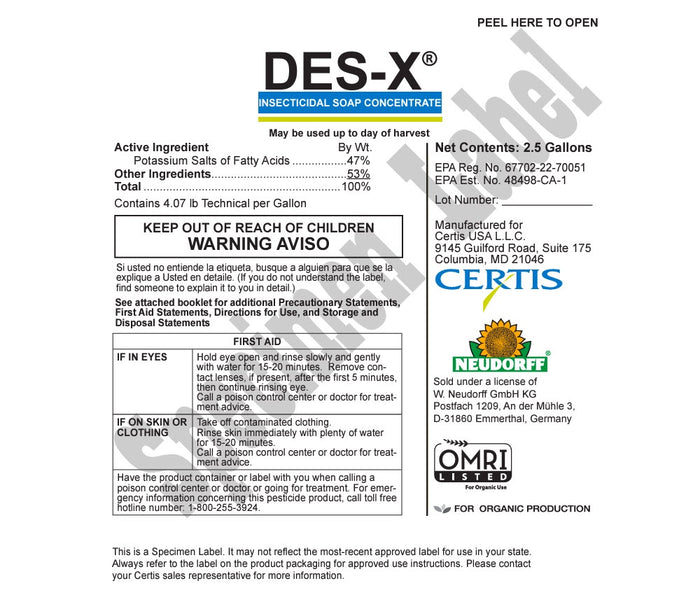 M-Pede Insecticidal Soap EPA 10163-324 2.5 gal Des X EPA 67702-22-70051 OMRI