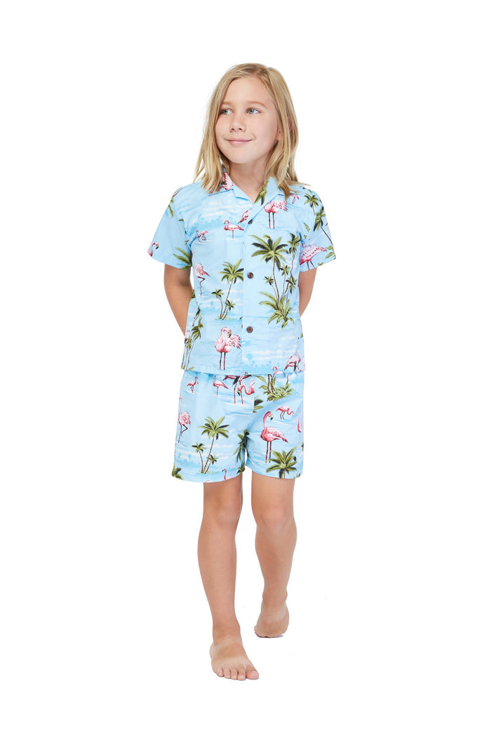 Made in Hawaii Boy Cabana Set Flamingo All Over Blue