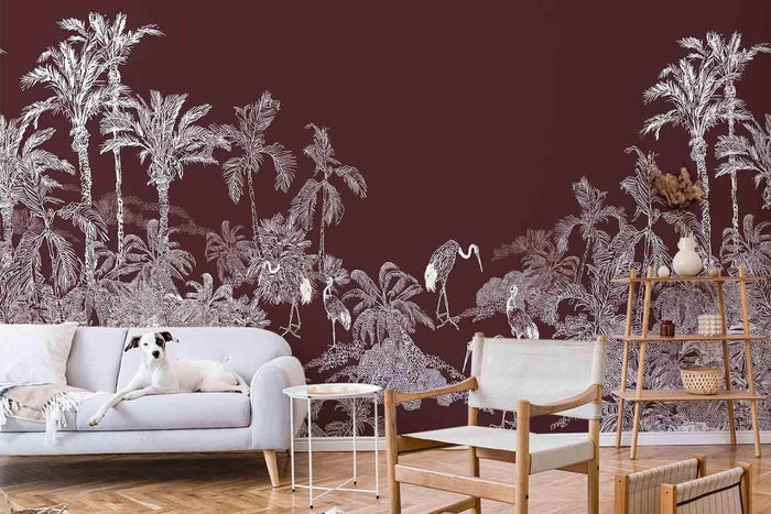 Mahogany Flamingo Toile Wall Mural-Wall Mural-Eazywallz