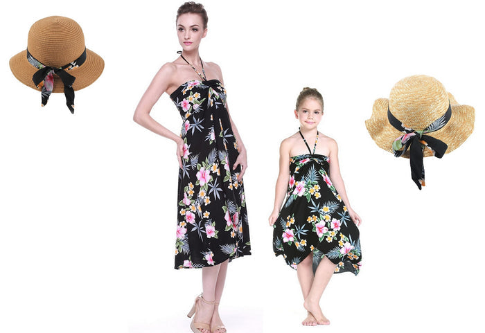 Mother Daughter Matching Dress and Hat Set in Hibiscus Black