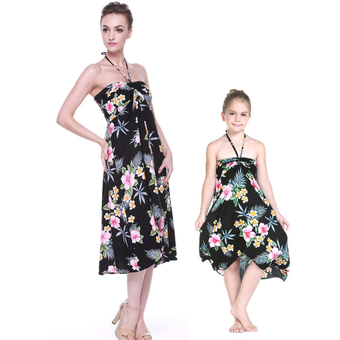 Mother Daughter Matching Dress and Hat Set in Hibiscus Black
