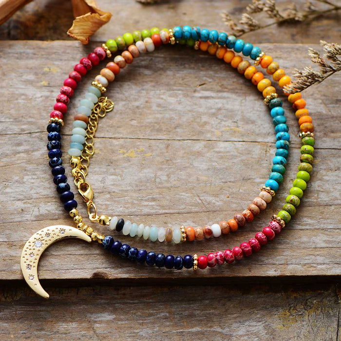 Natural 7 Chakras Jasper Beads Necklace with Moon Pendant