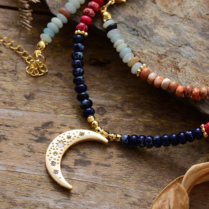 Natural 7 Chakras Jasper Beads Necklace with Moon Pendant
