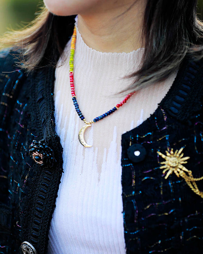 Natural 7 Chakras Jasper Beads Necklace with Moon Pendant