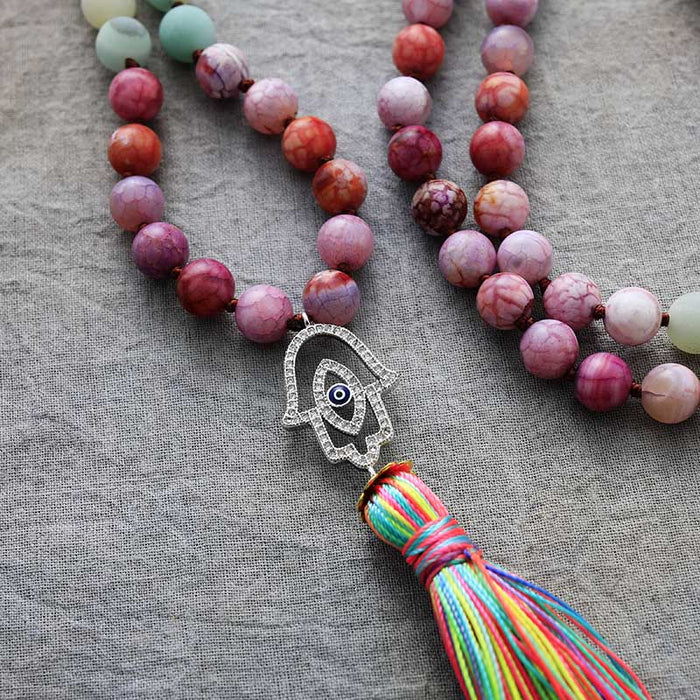 Natural Agate, Jasper & Amazonite 108 Beads Hamsa Hand Mala Necklace