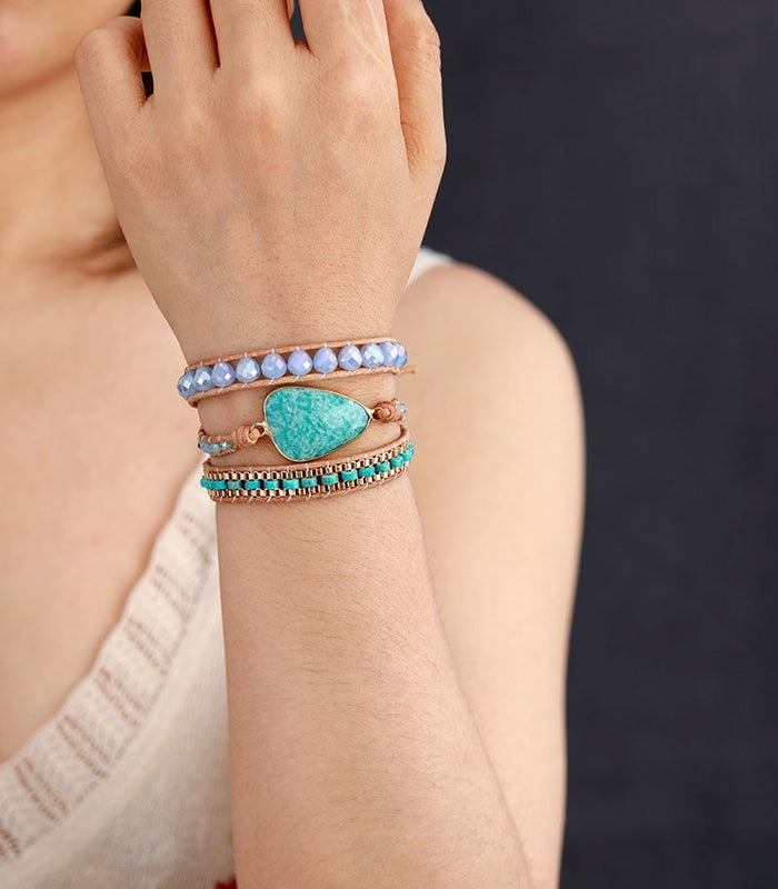 Natural Amazonite & Jasper Leather Wrap Bracelet