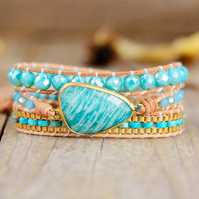 Natural Amazonite & Jasper Leather Wrap Bracelet