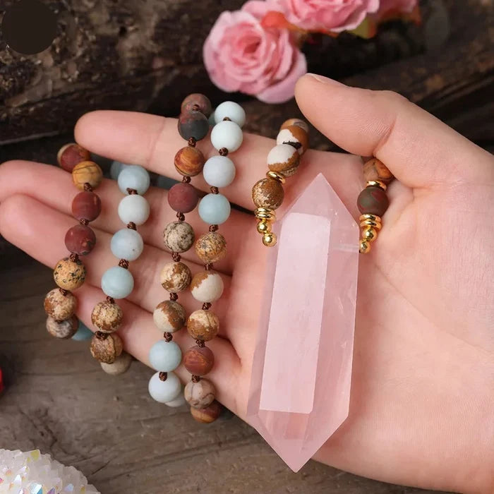 Natural Amazonite, Jasper & Rose Quartz Double Point Pendant Necklace