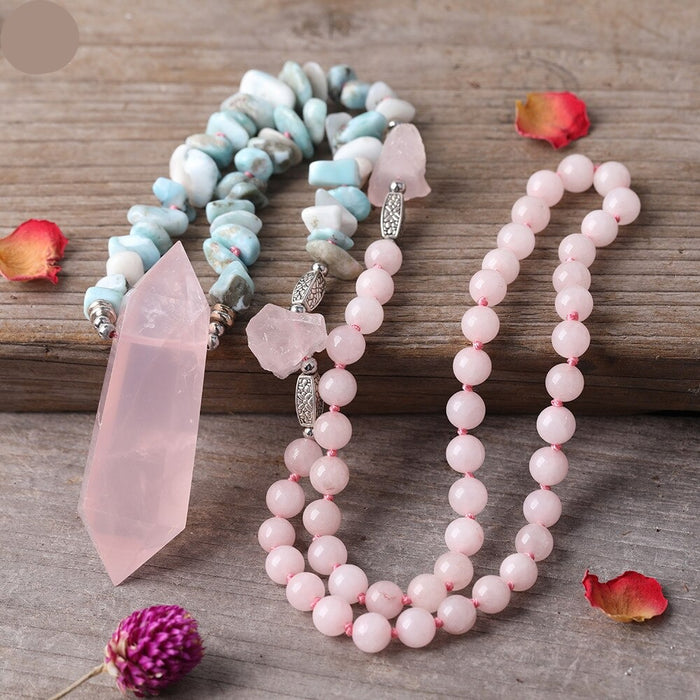 Natural Amazonite & Rose Quartz Double Pointed Pendant Necklace