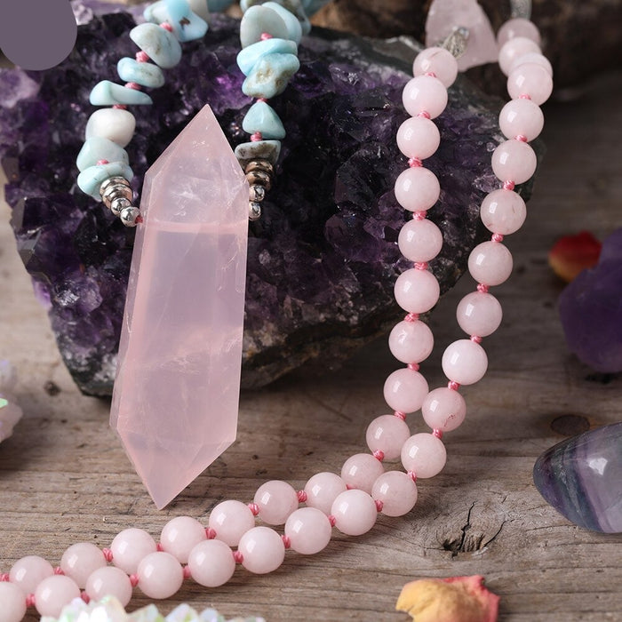 Natural Amazonite & Rose Quartz Double Pointed Pendant Necklace