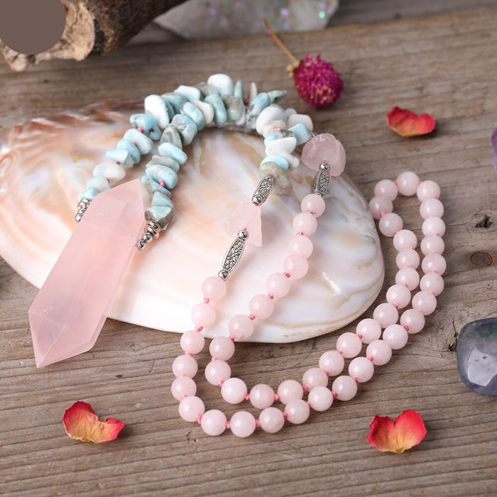 Natural Amazonite & Rose Quartz Double Pointed Pendant Necklace