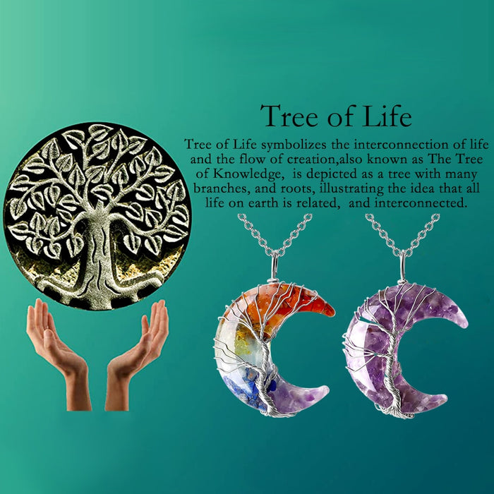 Natural Amethyst Chip Beads Tree of Life Moon Necklace
