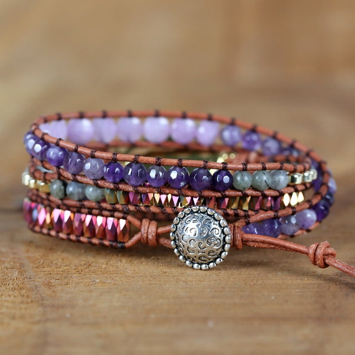 Natural Amethyst, Rose Quartz, Agate & Hematite Leather Wrap Bracelet