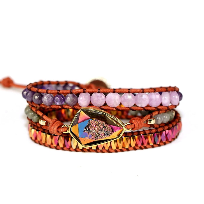 Natural Amethyst, Rose Quartz, Agate & Hematite Leather Wrap Bracelet