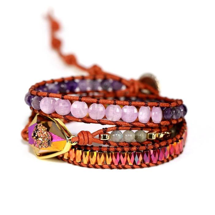 Natural Amethyst, Rose Quartz, Agate & Hematite Leather Wrap Bracelet