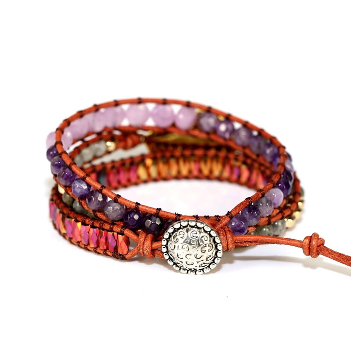 Natural Amethyst, Rose Quartz, Agate & Hematite Leather Wrap Bracelet