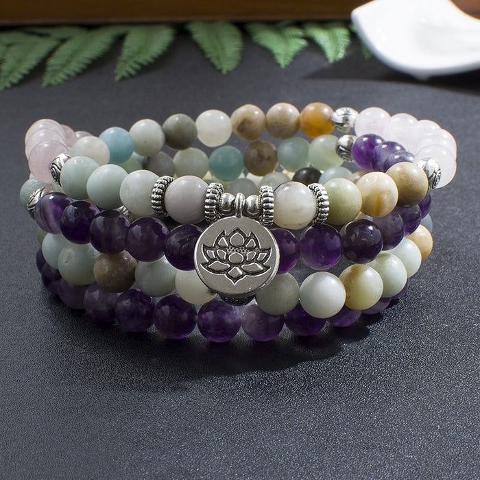 Natural Amethyst, Rose Quartz & Amazonite 108 Mala Beads Necklace / Bracelet