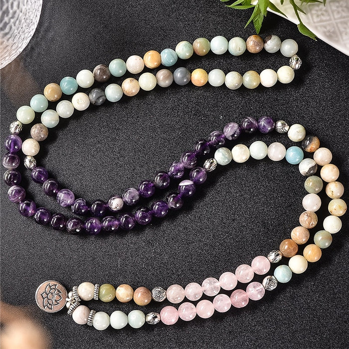 Natural Amethyst, Rose Quartz & Amazonite 108 Mala Beads Necklace / Bracelet