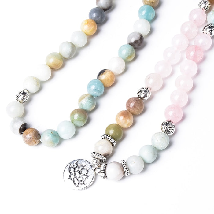 Natural Amethyst, Rose Quartz & Amazonite 108 Mala Beads Necklace / Bracelet