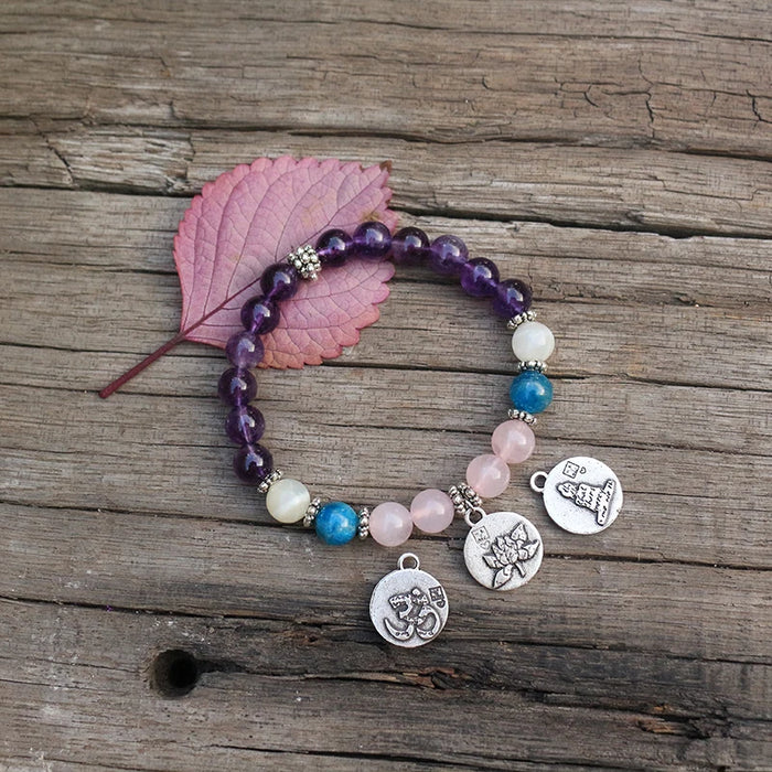 Natural Amethyst, Rose Quartz, Apatite & Moonstone Bracelet