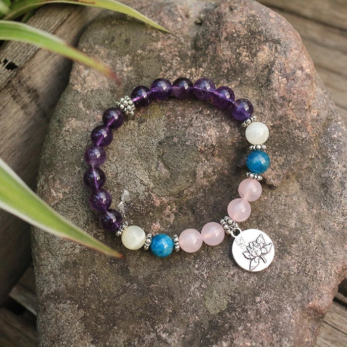 Natural Amethyst, Rose Quartz, Apatite & Moonstone Bracelet
