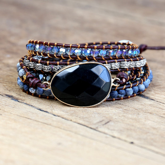 Natural Black Onyx Beaded Wrap Bracelet