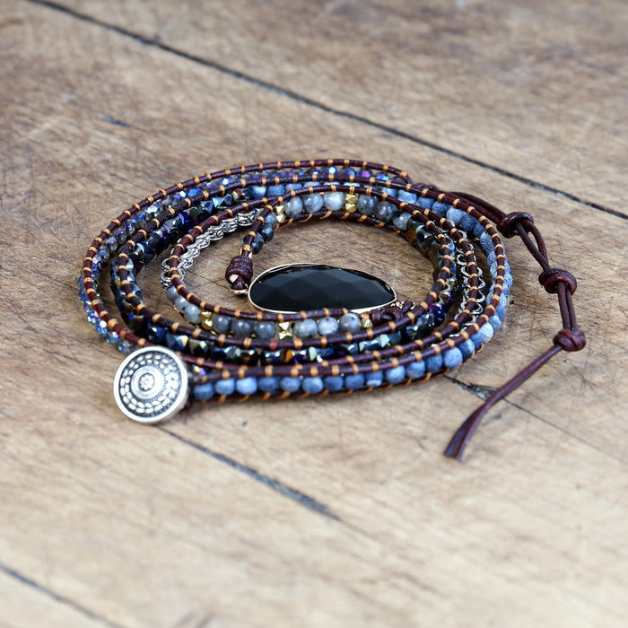Natural Black Onyx Beaded Wrap Bracelet