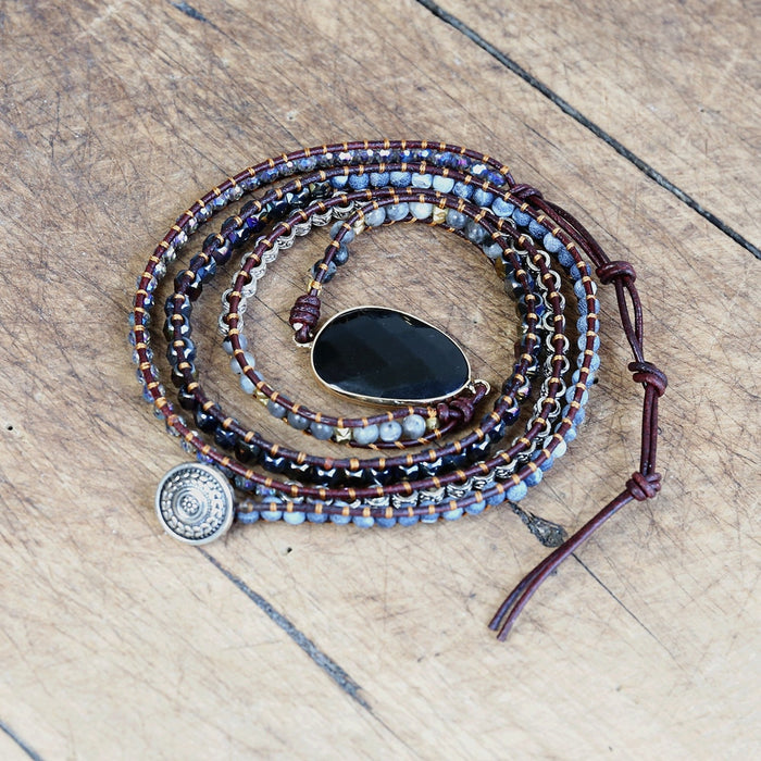 Natural Black Onyx Beaded Wrap Bracelet