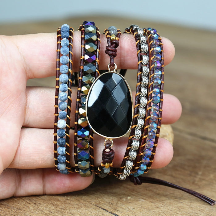 Natural Black Onyx Beaded Wrap Bracelet