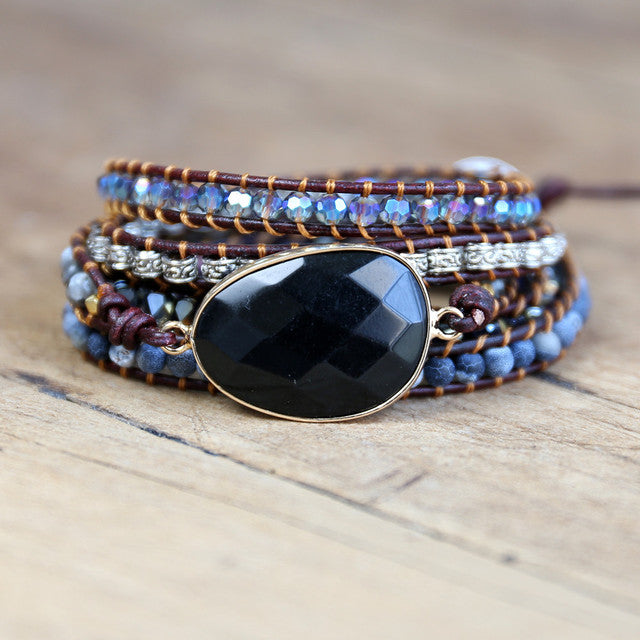Natural Black Onyx Beaded Wrap Bracelet