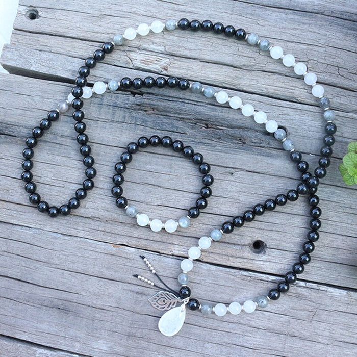 Natural Black Onyx, Labradorite & White Quartz 108 Mala Beads Necklace