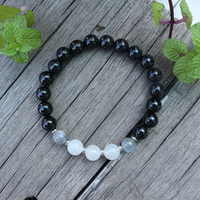 Natural Black Onyx, Labradorite & White Quartz 108 Mala Beads Necklace