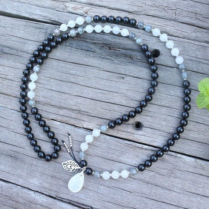 Natural Black Onyx, Labradorite & White Quartz 108 Mala Beads Necklace