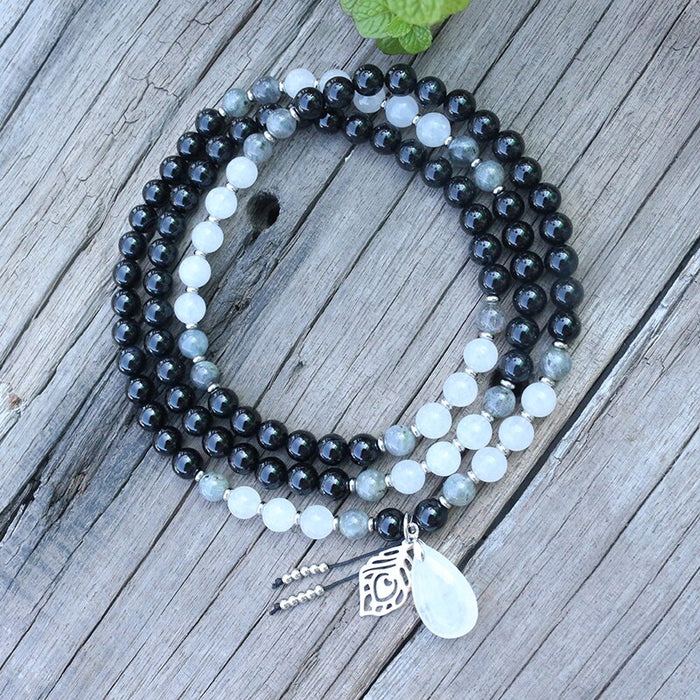 Natural Black Onyx, Labradorite & White Quartz 108 Mala Beads Necklace
