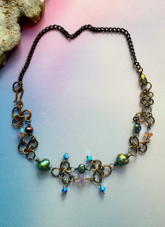 Handmade bronze necklace with pearls and crystals
