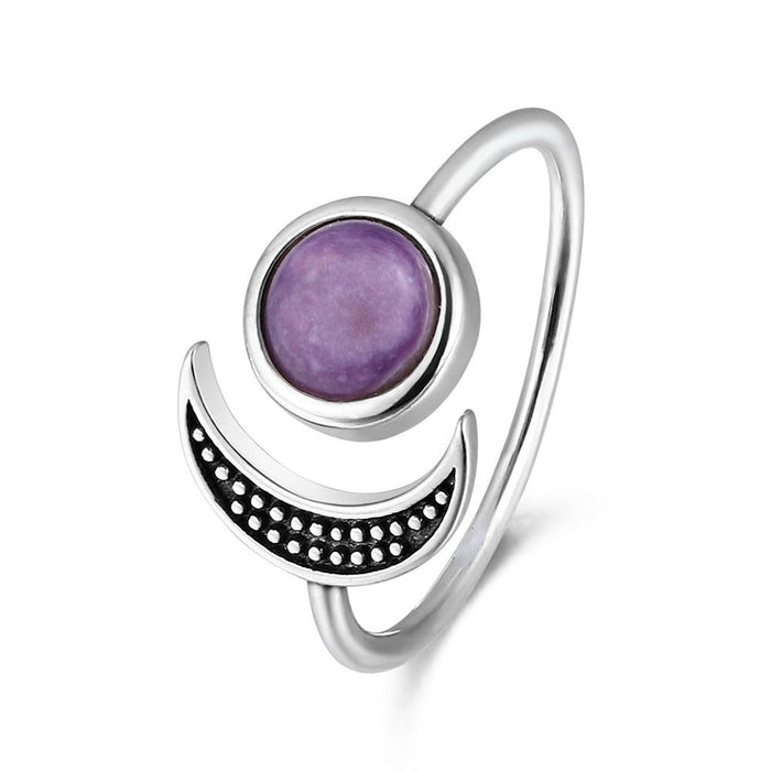 Natural Charoite Stone Adjustable Silver Moon Ring
