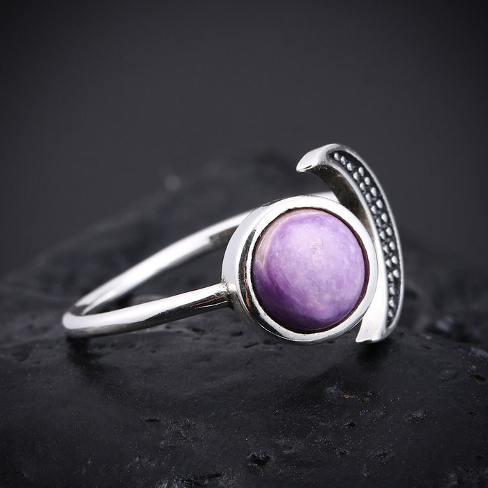 Natural Charoite Stone Adjustable Silver Moon Ring