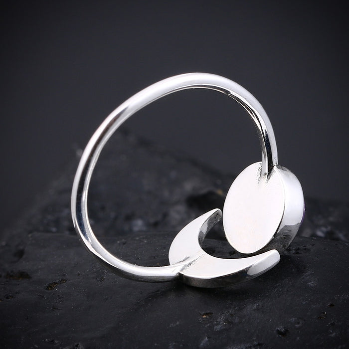 Natural Charoite Stone Adjustable Silver Moon Ring