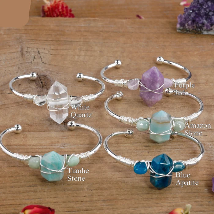 Natural Gemstone Double-Point Wand Cuff Bracelet