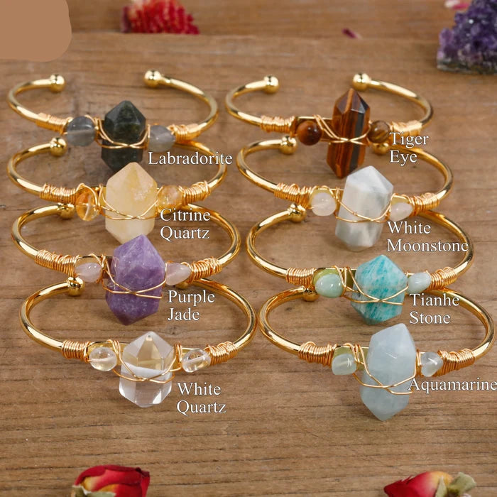 Natural Gemstone Double-Point Wand Cuff Bracelet