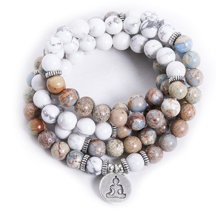 Natural Howlite & Imperial Jasper 108 Mala Beads Necklace / Bracelet