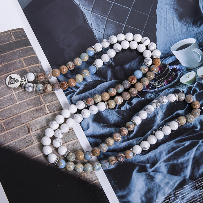 Natural Howlite & Imperial Jasper 108 Mala Beads Necklace / Bracelet