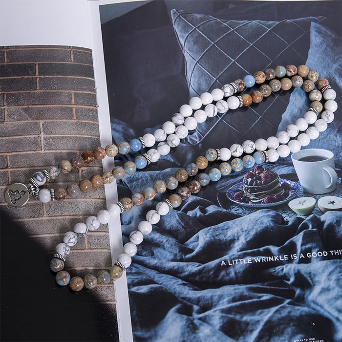 Natural Howlite & Imperial Jasper 108 Mala Beads Necklace / Bracelet