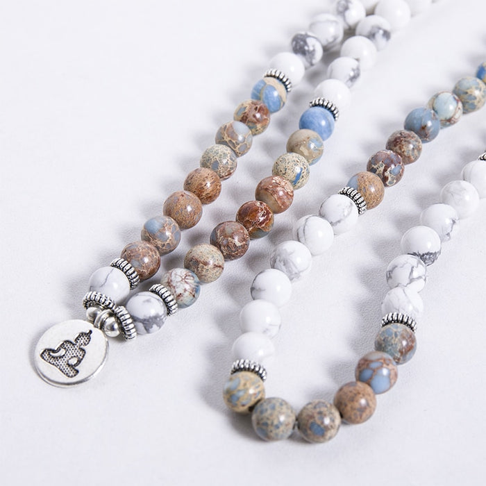 Natural Howlite & Imperial Jasper 108 Mala Beads Necklace / Bracelet