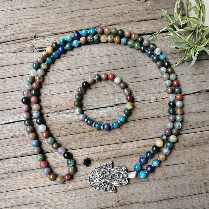 Natural Indian Agate, Apatite & Lapis Lazuli 108 Beads Mala Hamsa Fatima Hand Necklace