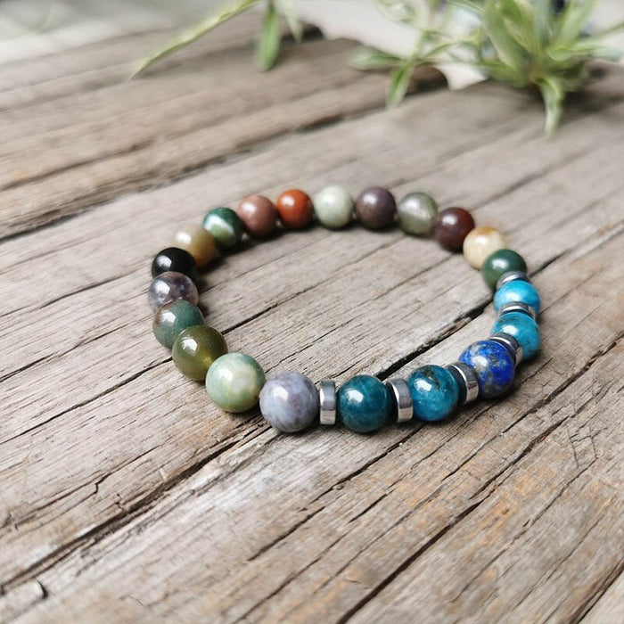 Natural Indian Agate, Apatite & Lapis Lazuli 108 Beads Mala Hamsa Fatima Hand Necklace