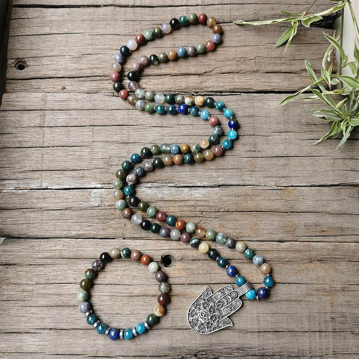 Natural Indian Agate, Apatite & Lapis Lazuli 108 Beads Mala Hamsa Fatima Hand Necklace