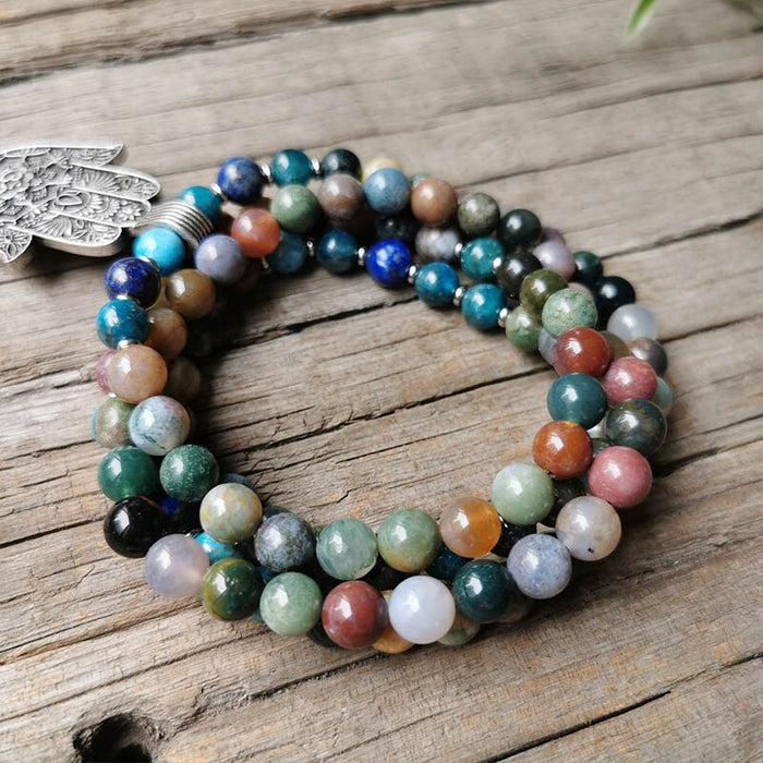 Natural Indian Agate, Apatite & Lapis Lazuli 108 Beads Mala Hamsa Fatima Hand Necklace