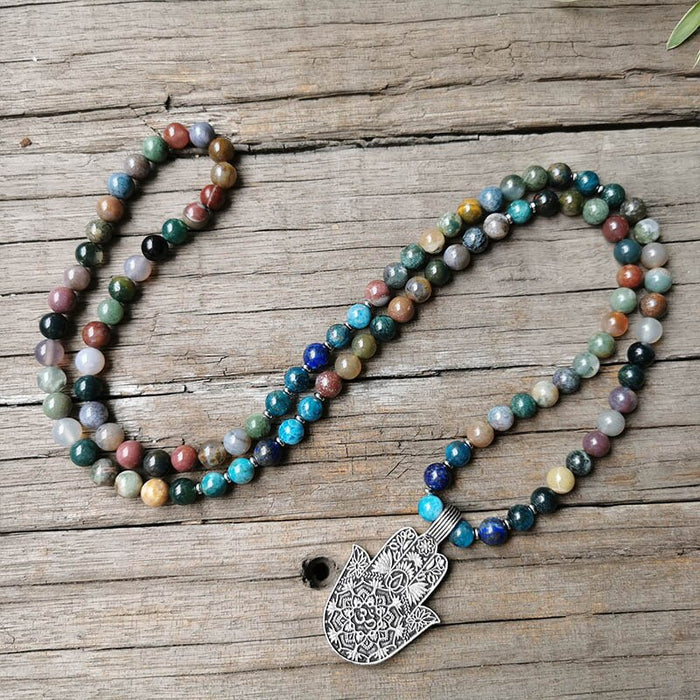 Natural Indian Agate, Apatite & Lapis Lazuli 108 Beads Mala Hamsa Fatima Hand Necklace